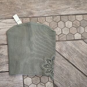 Aerie Olive Green Ribbed Tube Top with Lace Applique NWT
